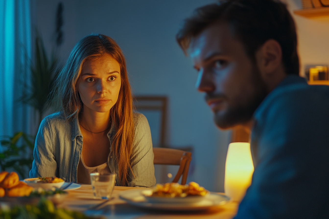 Eine Frau starrt ihren Mann beim Abendessen an | Quelle: Midjourney