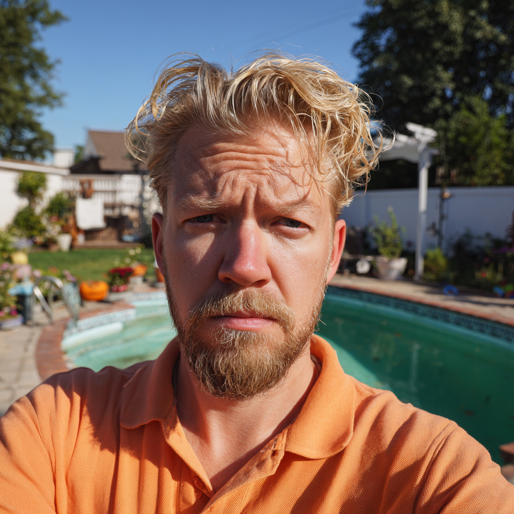 Ein stirnrunzelnder Mann in einem orangefarbenen Poloshirt | Quelle: Midjourney