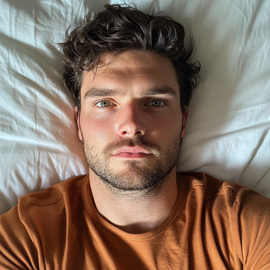 Eine Nahaufnahme eines Mannes, der in seinem Bett liegt | Quelle: Midjourney