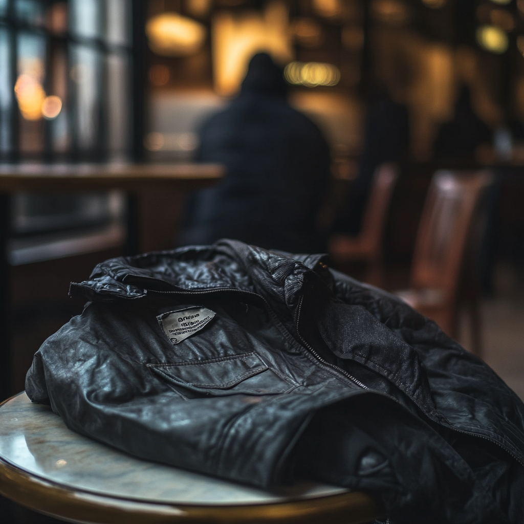 Eine alte abgetragene Jacke, die auf einem Tisch in einem Café liegt | Quelle: Midjourney