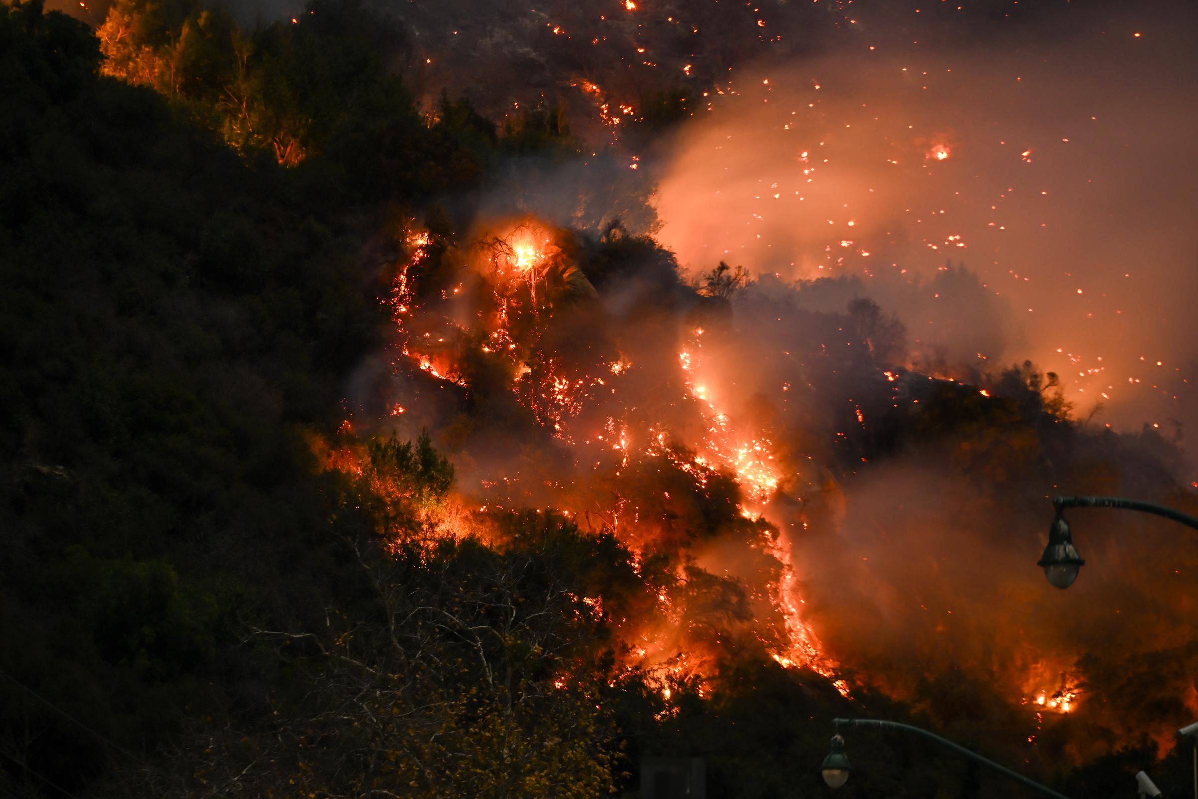 Das Eaton-Feuer brennt einen Berg in Los Angeles, Kalifornien, am 9. Januar 2025. | Quelle: Getty Images