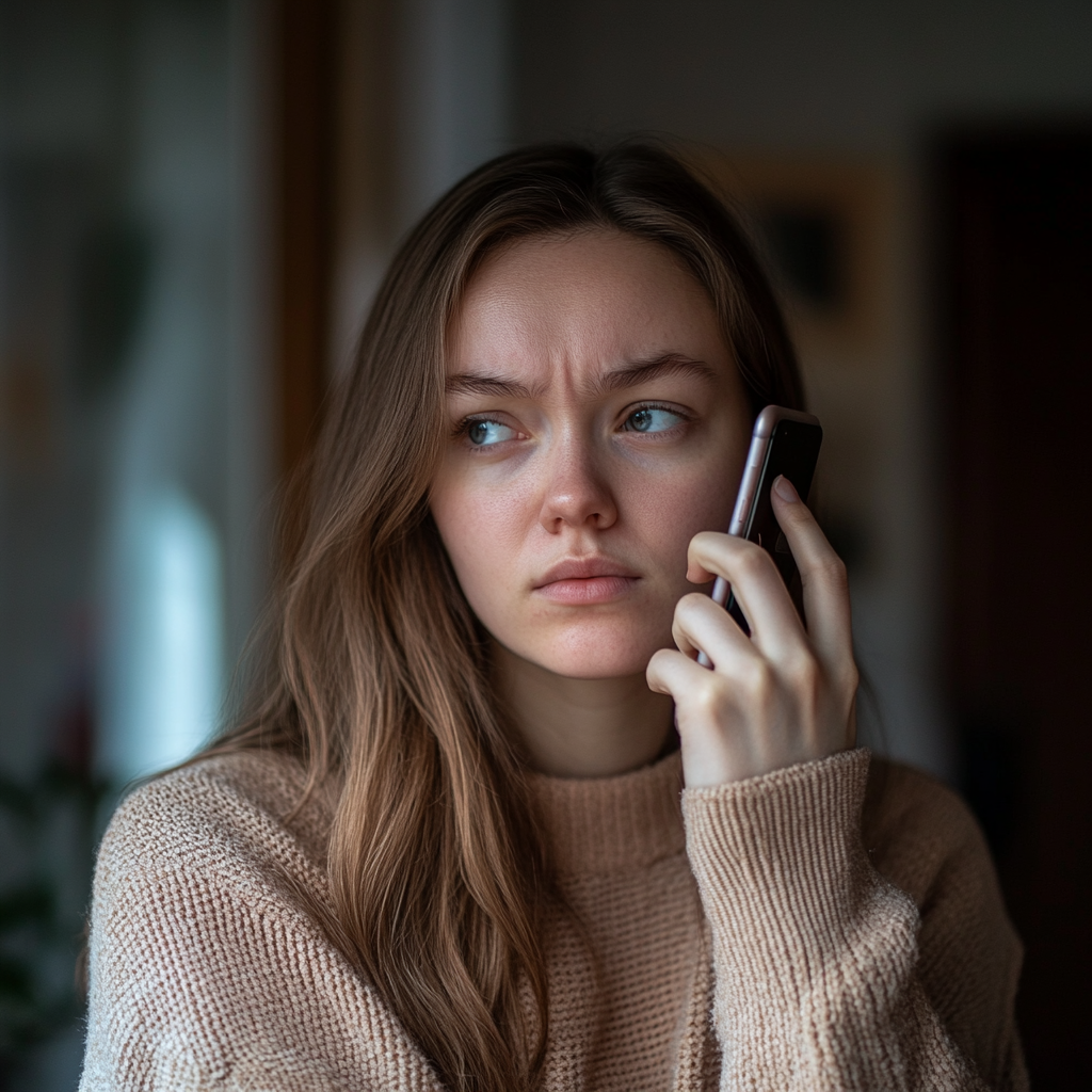 Eine Frau sieht ein wenig wütend aus, während sie mit jemandem am Telefon spricht | Quelle: Midjourney