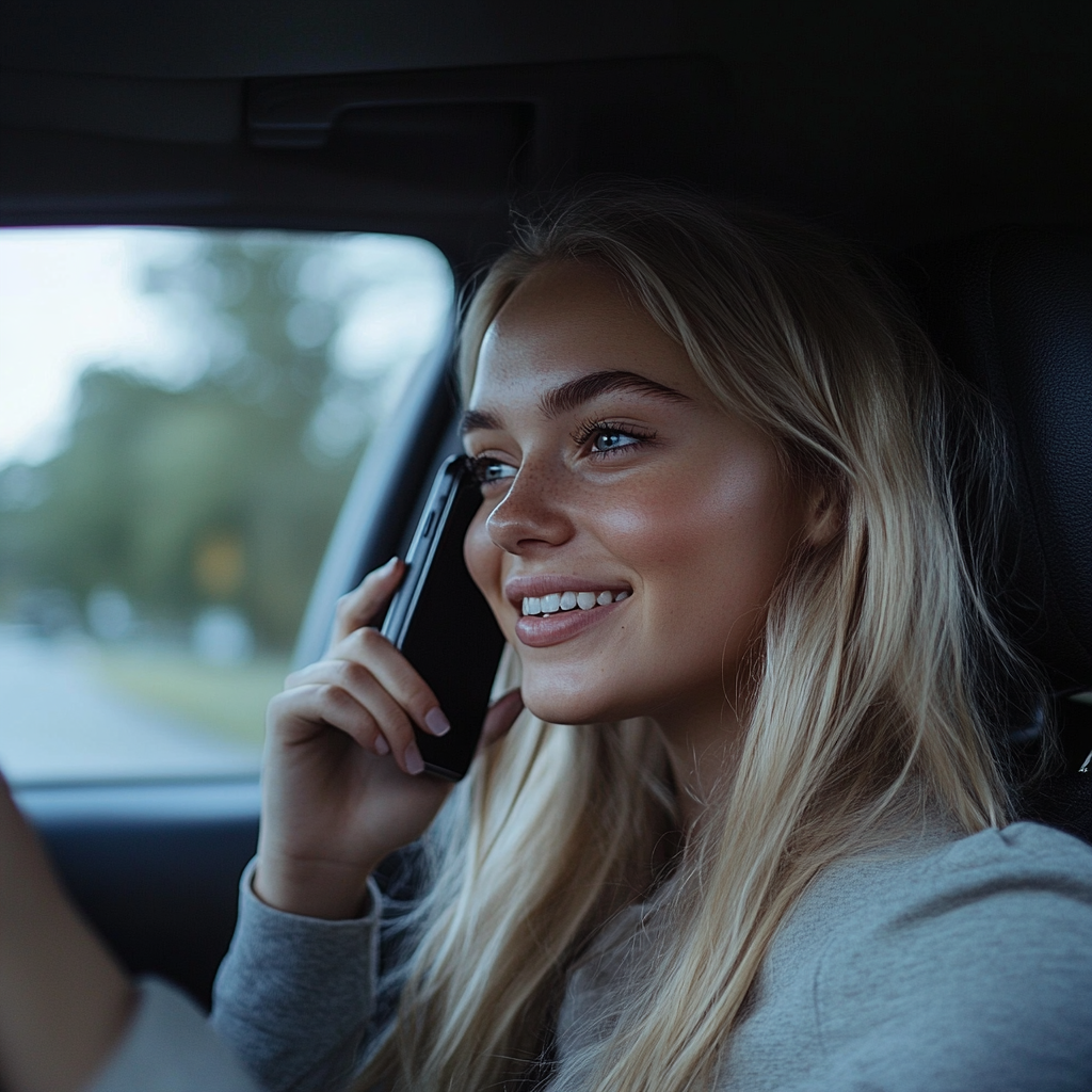 Eine lächelnde Frau, die während der Fahrt telefoniert | Quelle: Midjourney