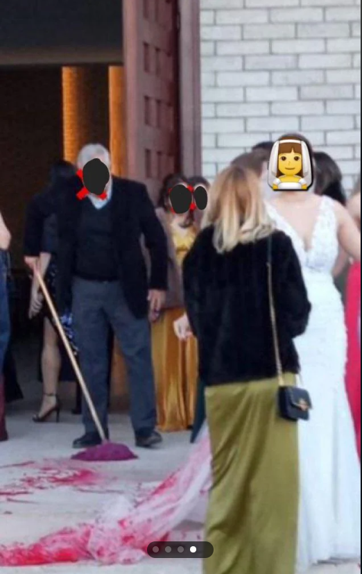 Das ruinierte Kleid der Braut und die Gäste bei der Hochzeit | Quelle: Reddit/r/weddingshaming