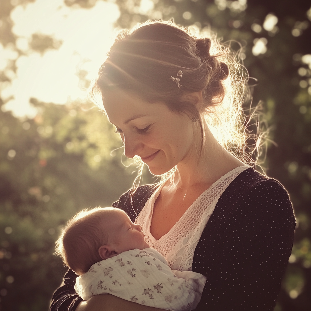 Eine lächelnde Frau, die ihr Baby hält | Quelle: Midjourney