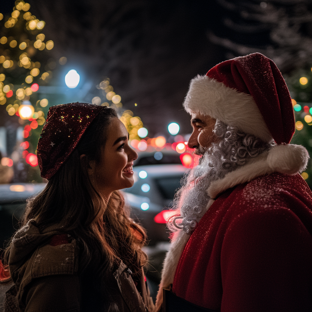 Eine Frau im Gespräch mit einem als Weihnachtsmann verkleideten Mann | Quelle: Midjourney