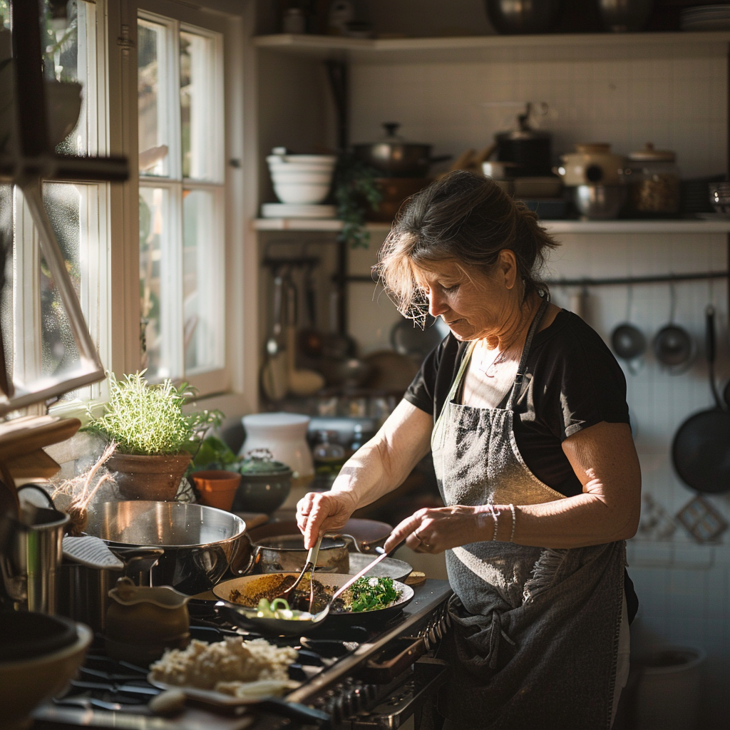 Eine ältere Frau beim Kochen | Quelle: Midjourney