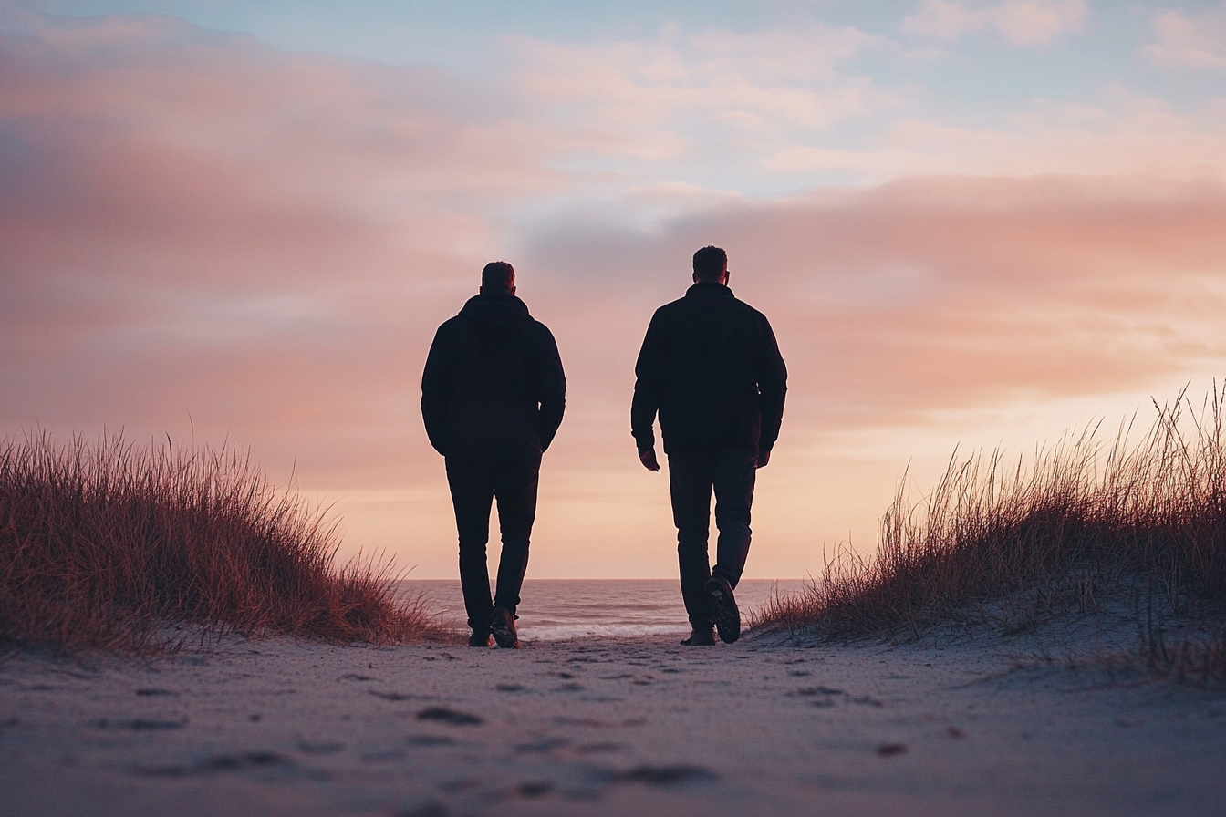 Zwei Männer gehen auf einem Weg zum Strand | Quelle: Midjourney