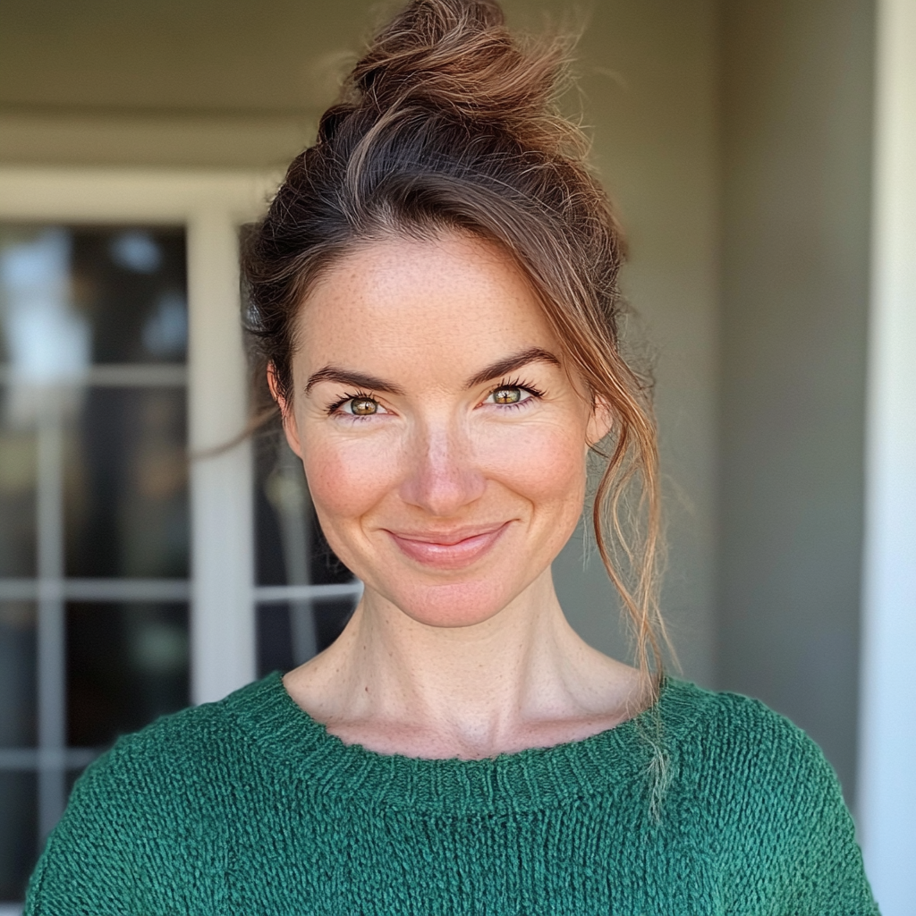 Eine lächelnde Frau mit einem grünen Pullover | Quelle: Midjourney