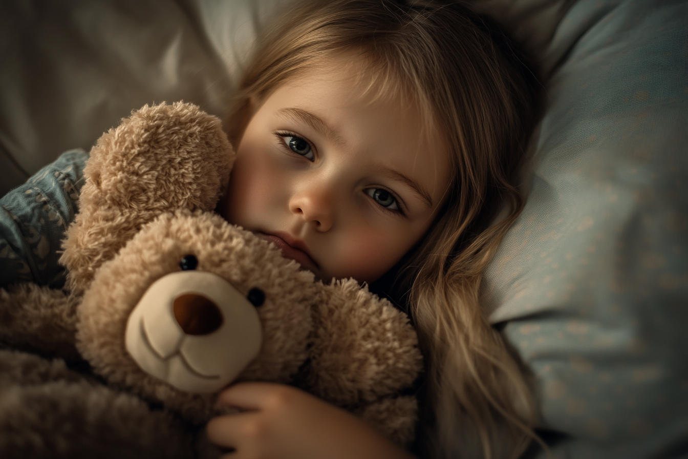 Ein trauriges kleines Mädchen, das einen Teddybär im Bett umarmt | Quelle: Midjourney