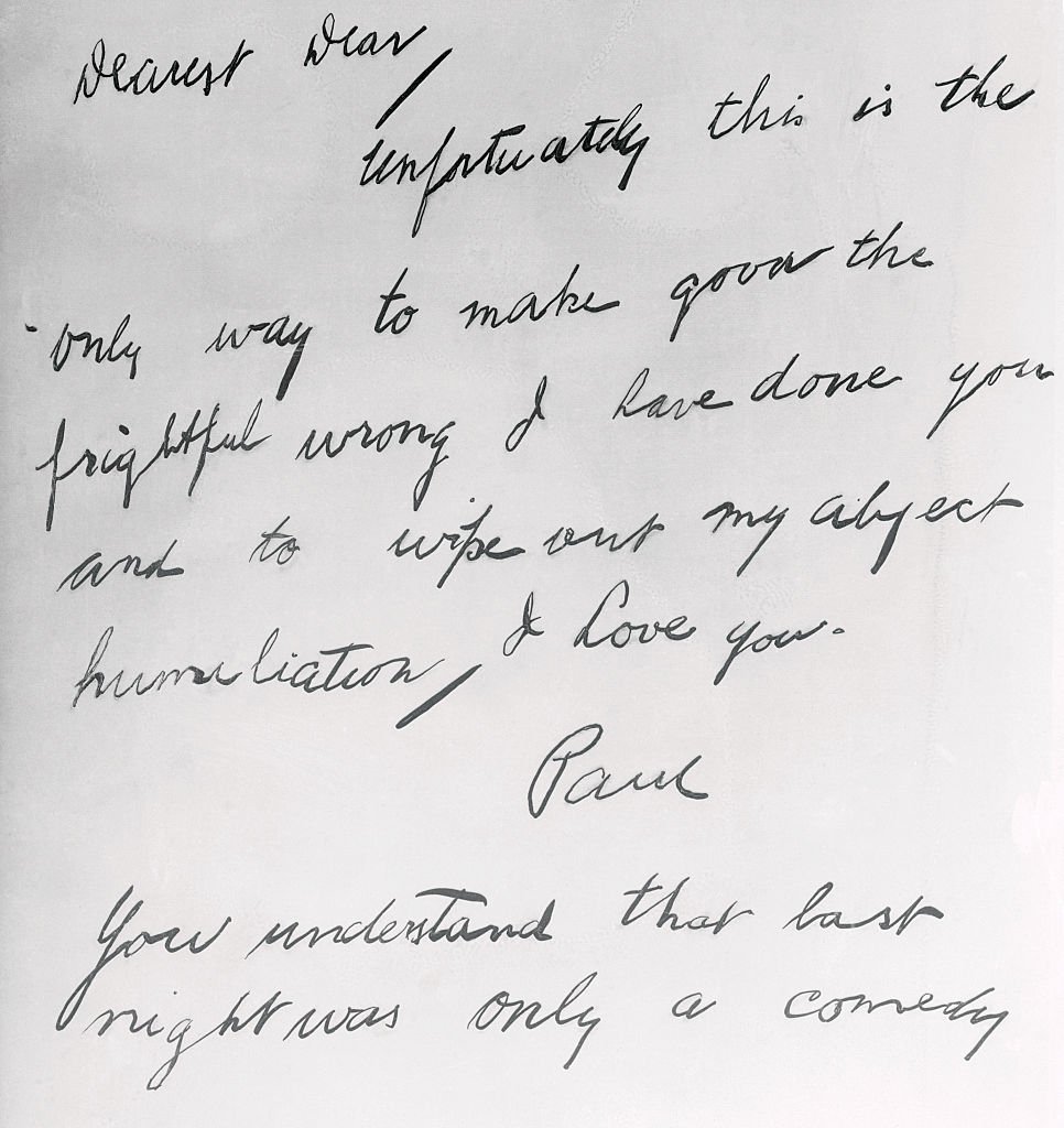 Dies ist ein Abdruck des Abschiedsbriefs, den Paul Bern seiner Frau Jean Harlow hinterließ, bevor er sich in Hollywood das Leben nahm. | Quelle: Getty Images