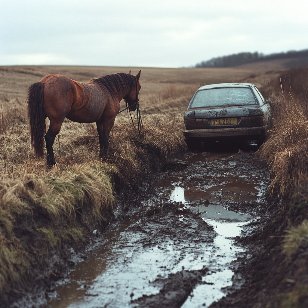 Ein Pferd, das neben einem Auto in einem Graben steht | Quelle: Midjourney