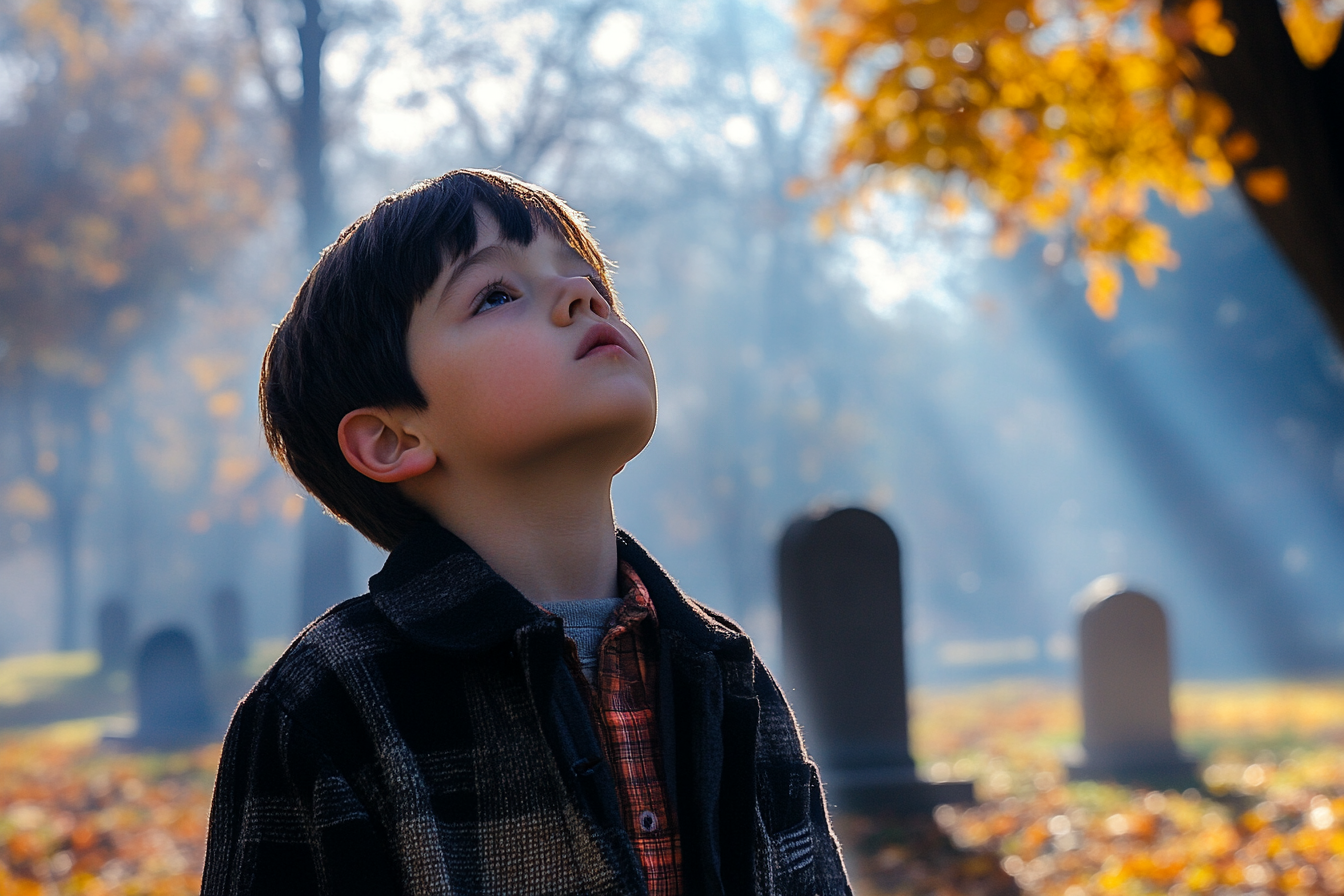 Ein Junge auf einem Friedhof, der zu jemandem aufschaut | Quelle: Midjourney