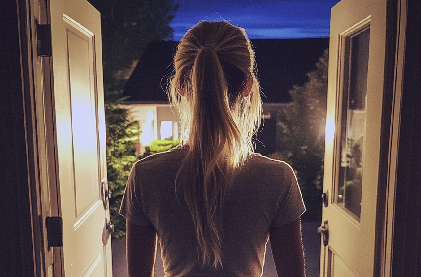 Eine Frau, die ein Haus verlässt | Quelle: Midjourney