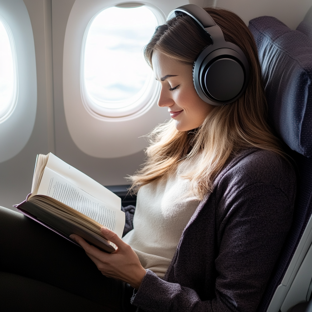 Mit dem Buch in der Hand und den Kopfhörern in der Hand schließt sie die Augen und lächelt, während sie sich auf einen entspannten Flug freut. | Quelle: Midjourney