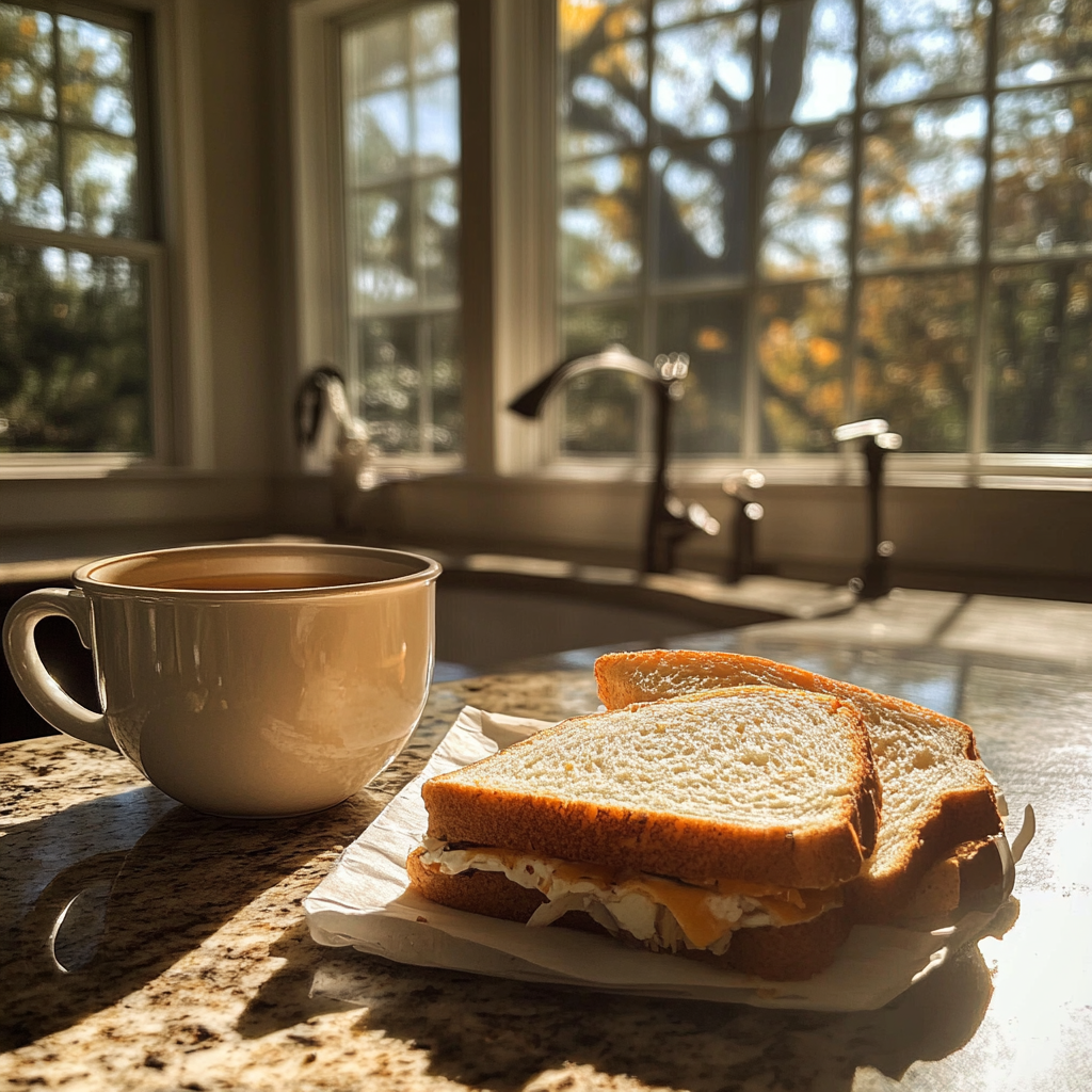 Ein Sandwich und eine Tasse Tee auf einem Tresen | Quelle: Midjourney