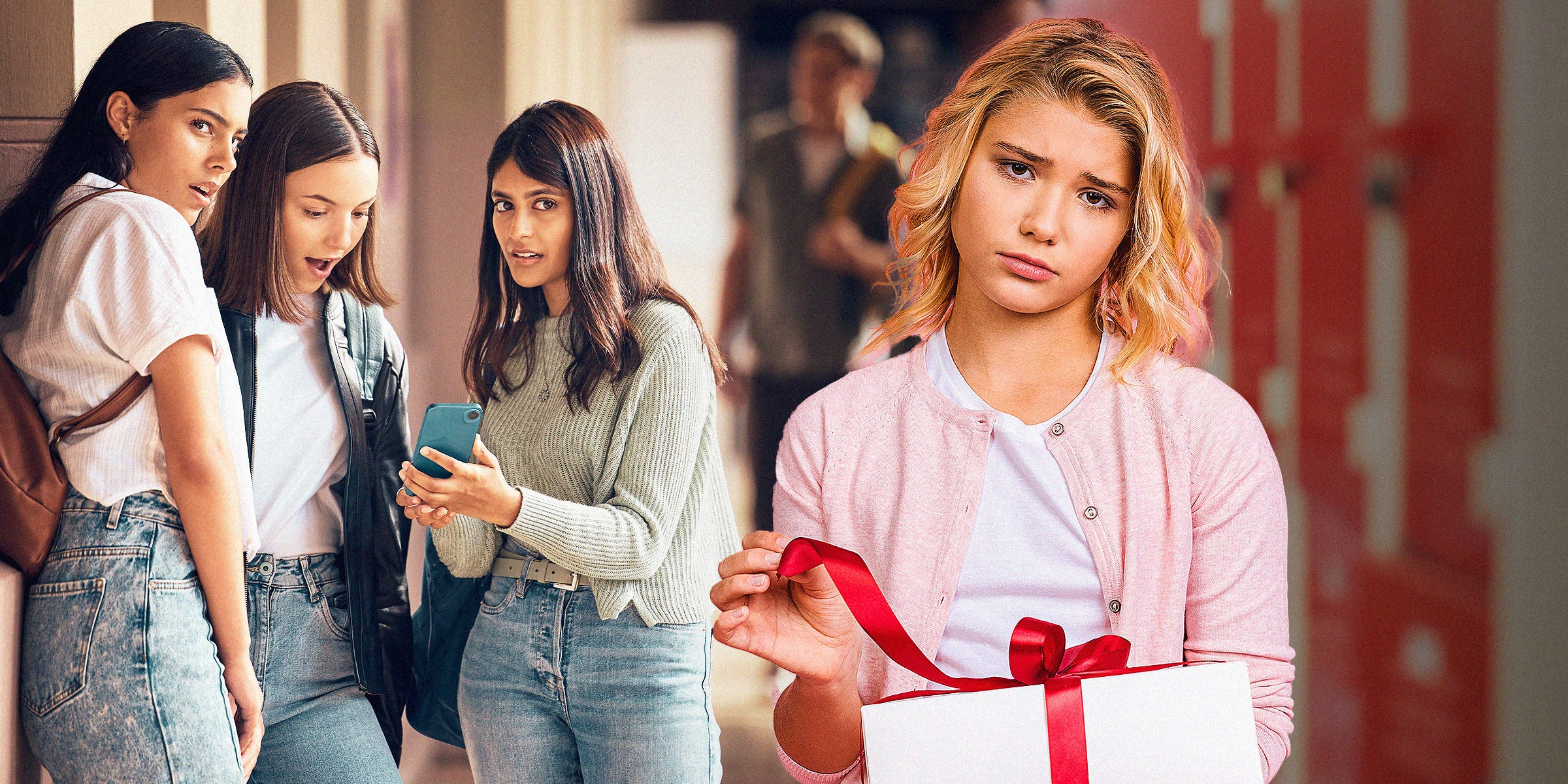 Drei Mädchen schauen überrascht auf ein Telefon und ein Mädchen öffnet ein Geschenk | Quelle: Shutterstock
