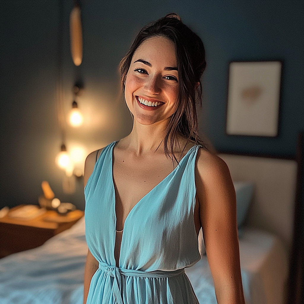Eine lächelnde Frau, die in einem Schlafzimmer steht | Quelle: Midjourney