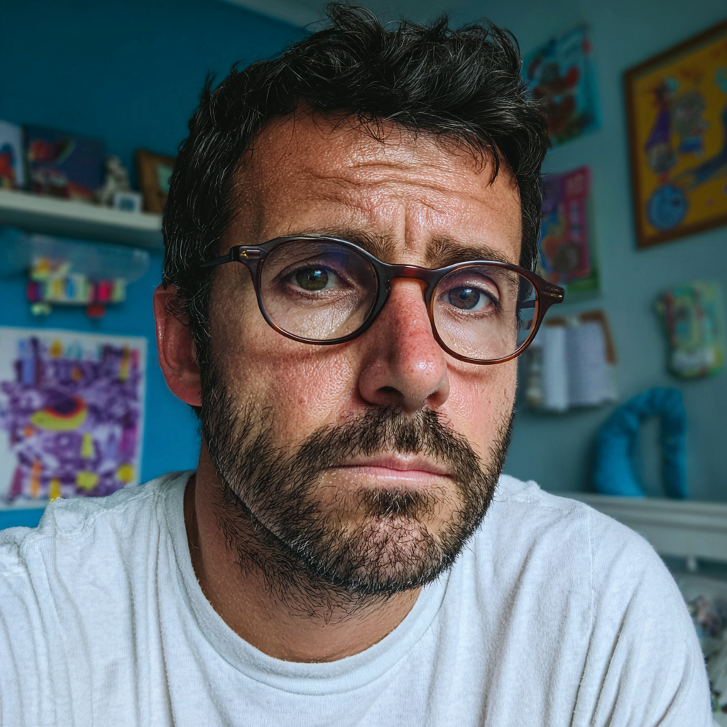 Ein aufgebrachter Mann sitzt im Schlafzimmer eines Teenagers | Quelle: Midjourney