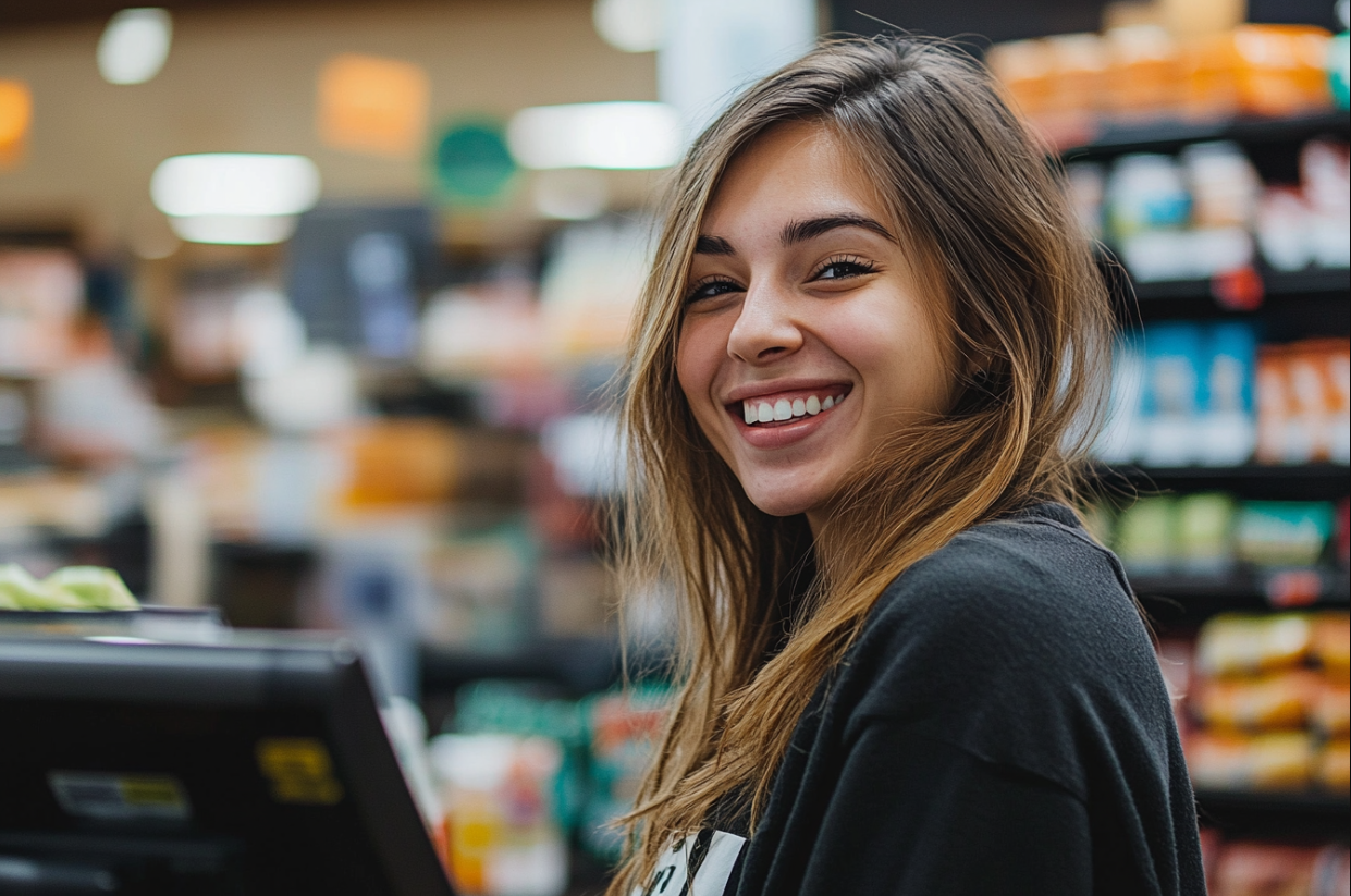 Eine freundliche Kassiererin im Supermarkt | Quelle: Midjourney