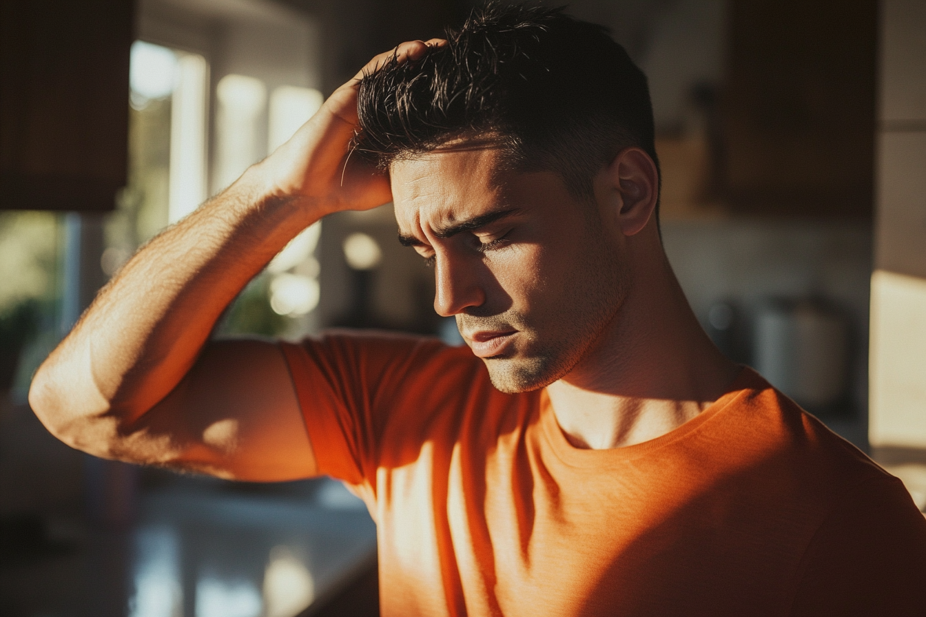 Ein Mann in den 30ern sieht verzweifelt aus und fährt sich in einer Küche mit der Hand durch die Haare | Quelle: Midjourney