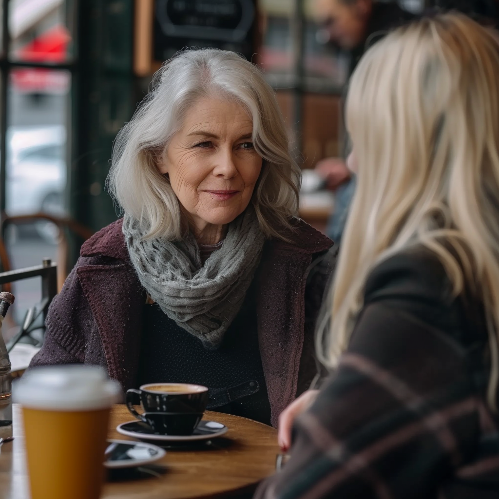 Eine ältere Frau beim Kaffee mit einer jüngeren Frau | Quelle: Midjourney