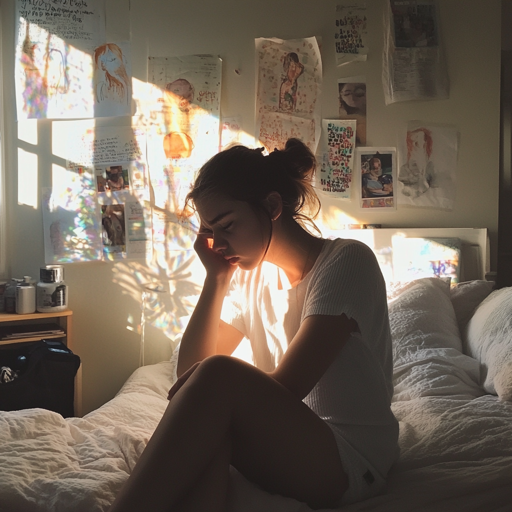 Ein aufgeregtes Mädchen sitzt auf ihrem Bett | Quelle: Midjourney