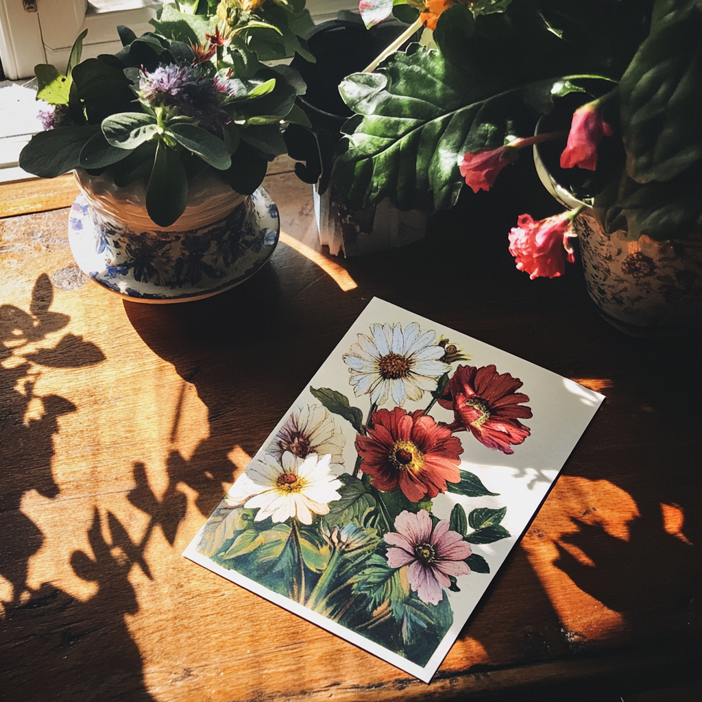 Eine geblümte Postkarte auf einem Tisch | Quelle: Midjourney
