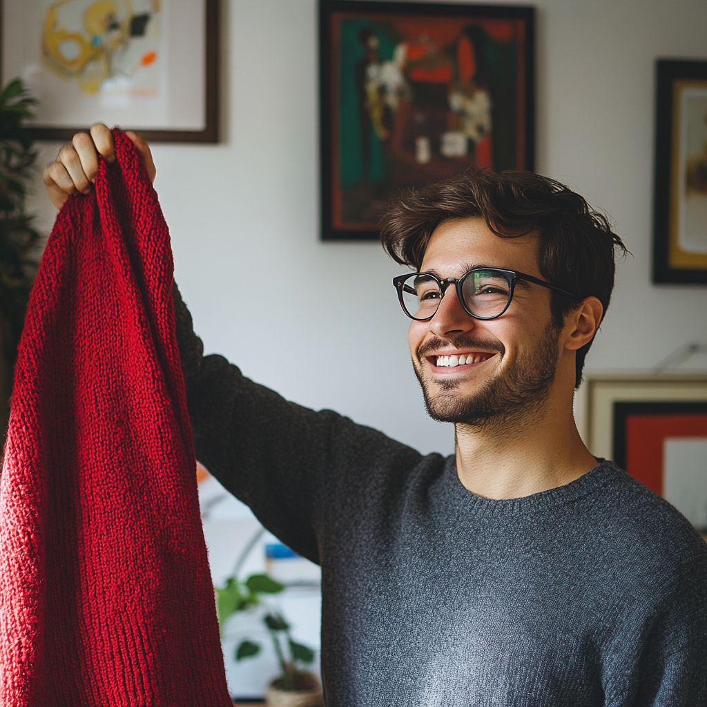 Ein glücklicher Mann mit einem Pullover | Quelle: Midjourney