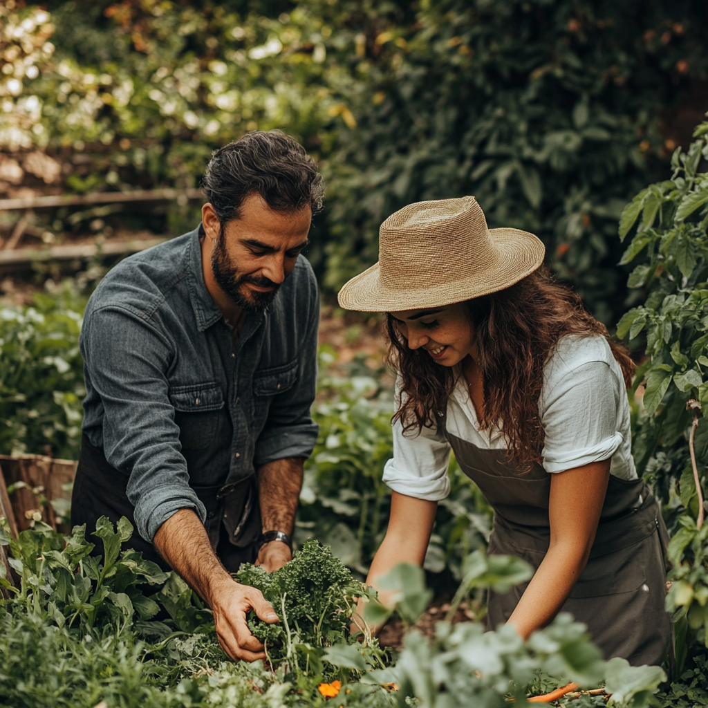 Ein Paar bei der gemeinsamen Gartenarbeit | Quelle: Midjourney