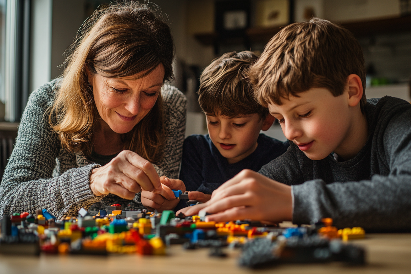 Eine Frau baut LEGO mit ihren Söhnen | Quelle: Midjourney