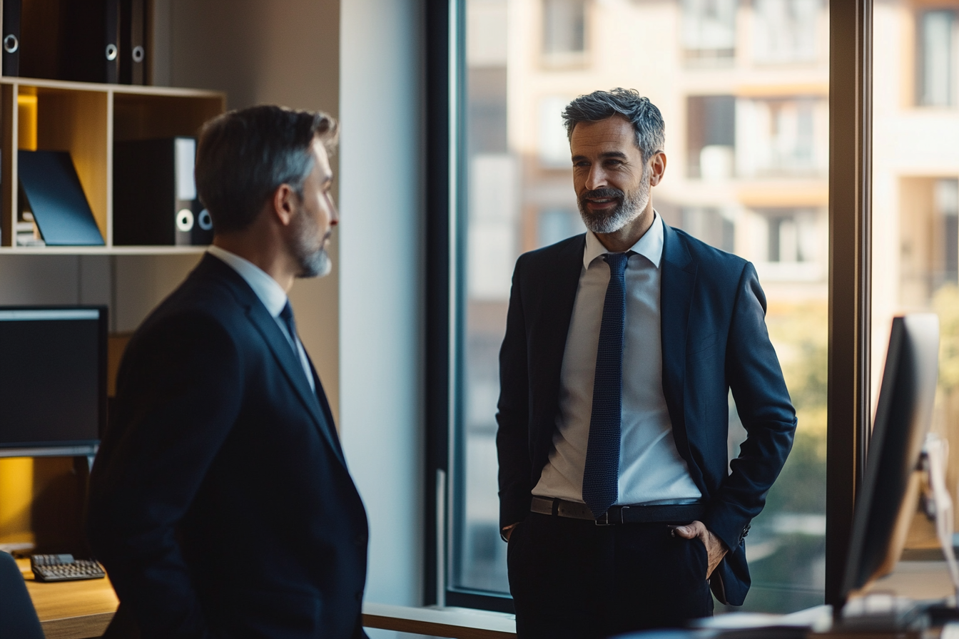 Zwei Männer stehen in einem Büro | Quelle: Midjourney