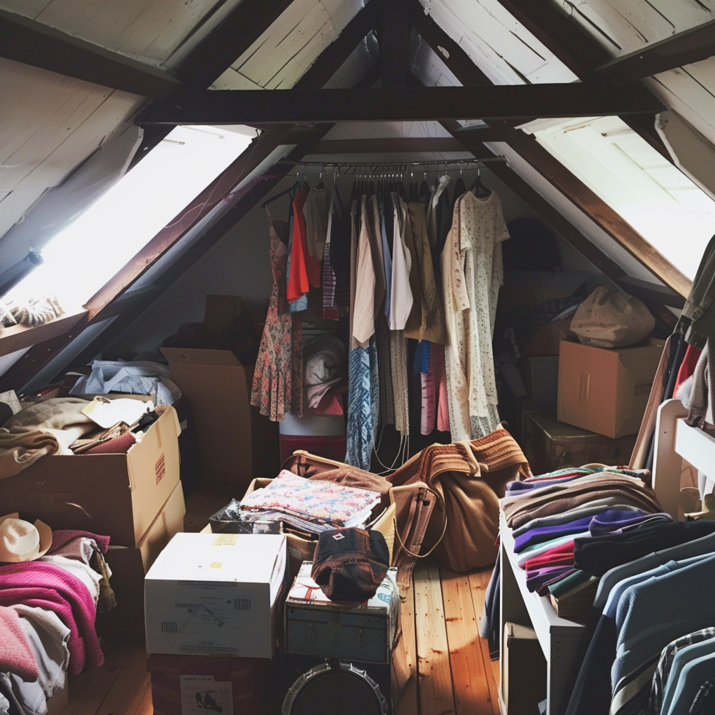 Ein Dachboden mit gestapelten Kisten und Kleidung | Quelle: Midjourney