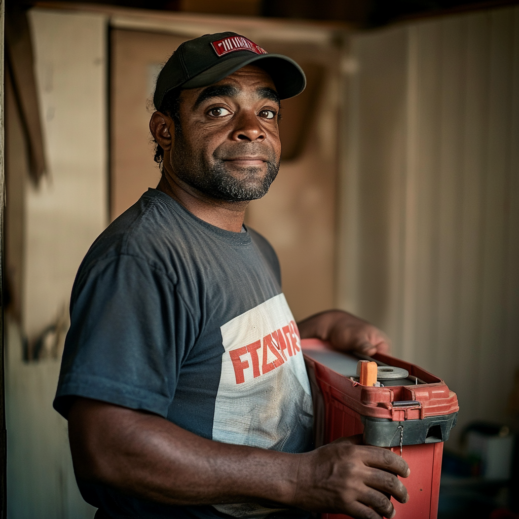 Ein Handwerker lächelt leicht, während er seinen Werkzeugkasten in der Hand hält | Quelle: Midjourney