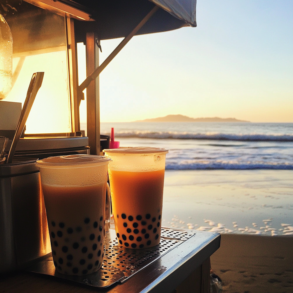 Ein Boba-Tee-Stand am Strand | Quelle: Midjourney