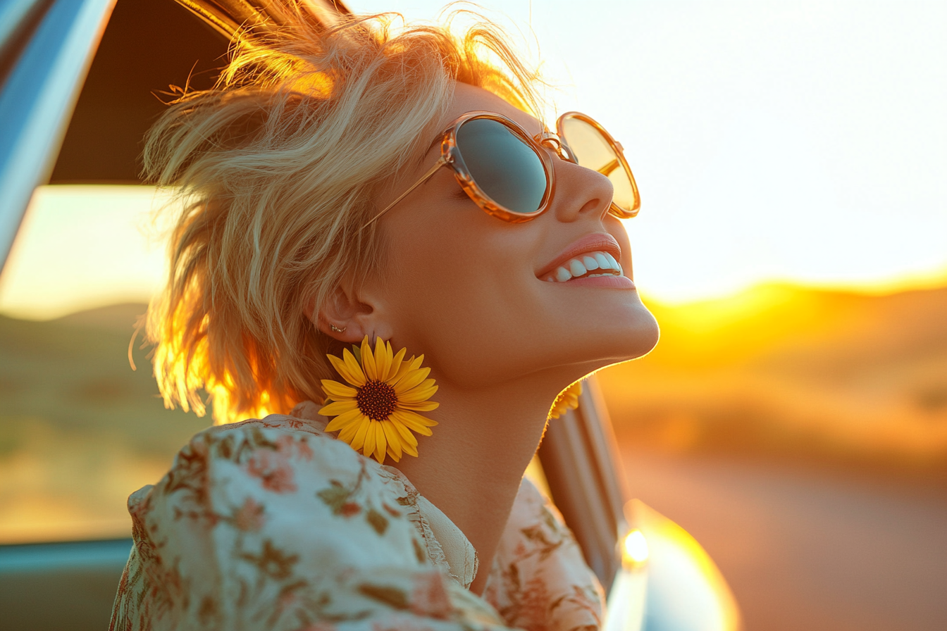 Frau in den 30ern mit Sonnenbrille und dem Kopf aus dem Autofenster während eines Roadtrips | Quelle: Midjourney