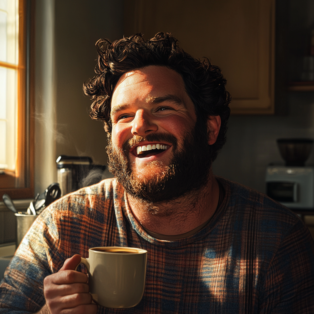 Ein fröhlicher Mann mit einer Tasse Kaffee in der Hand | Quelle: Midjourney