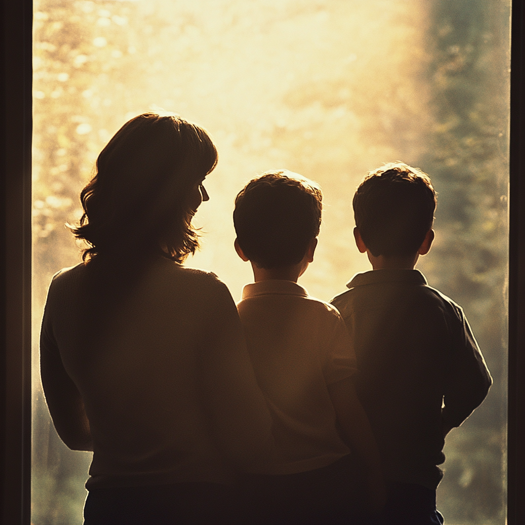 Silhouette einer Frau mit zwei kleinen Jungen | Quelle: Midjourney