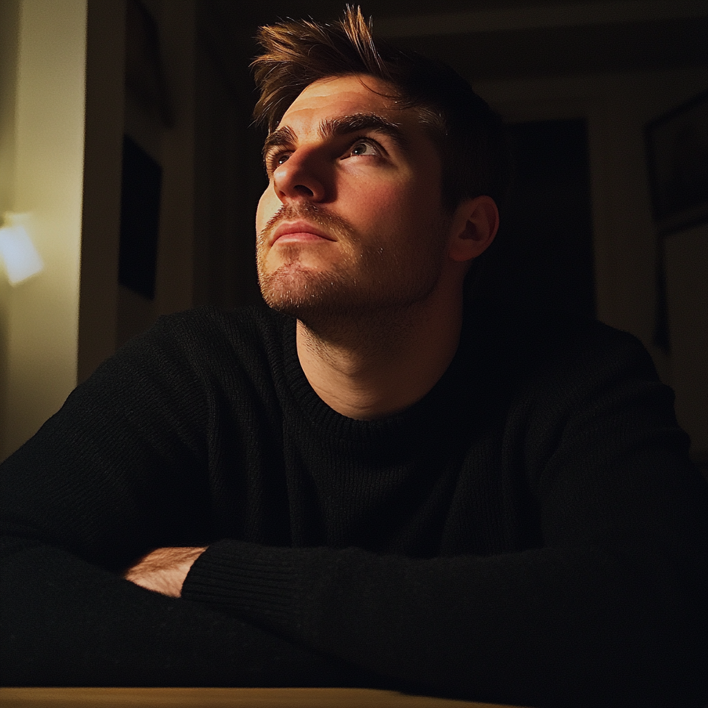 Ein Mann mit einem schwarzen Pullover sitzt an einem Tisch | Quelle: Midjourney