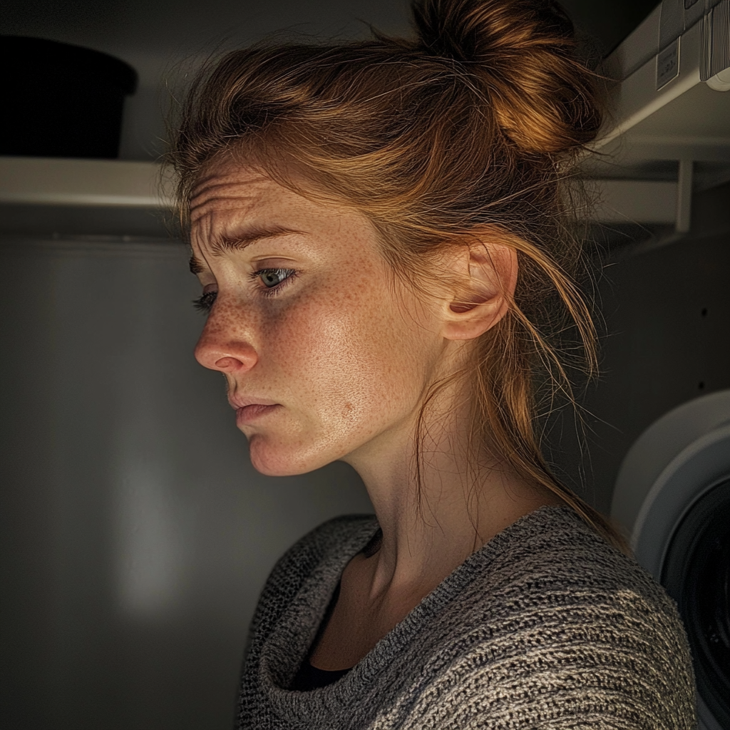 Eine aufgebrachte Frau in einer Waschküche | Quelle: Midjourney