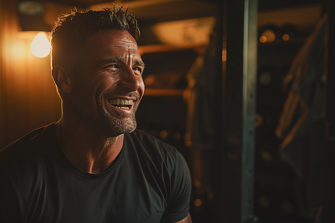 Fitnesscoach lachend im Fitnessstudio | Quelle: Midjourney