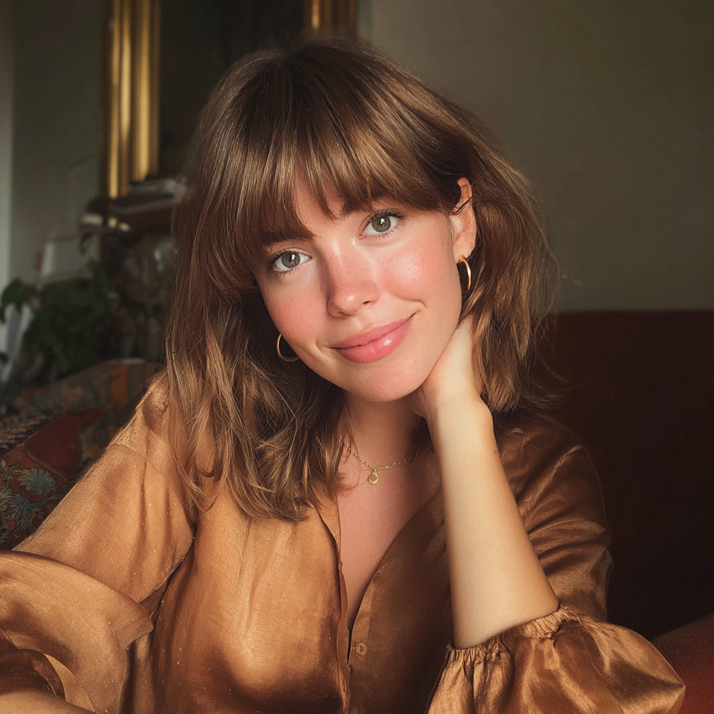 Eine lächelnde Frau in einer Seidenbluse | Quelle: Midjourney