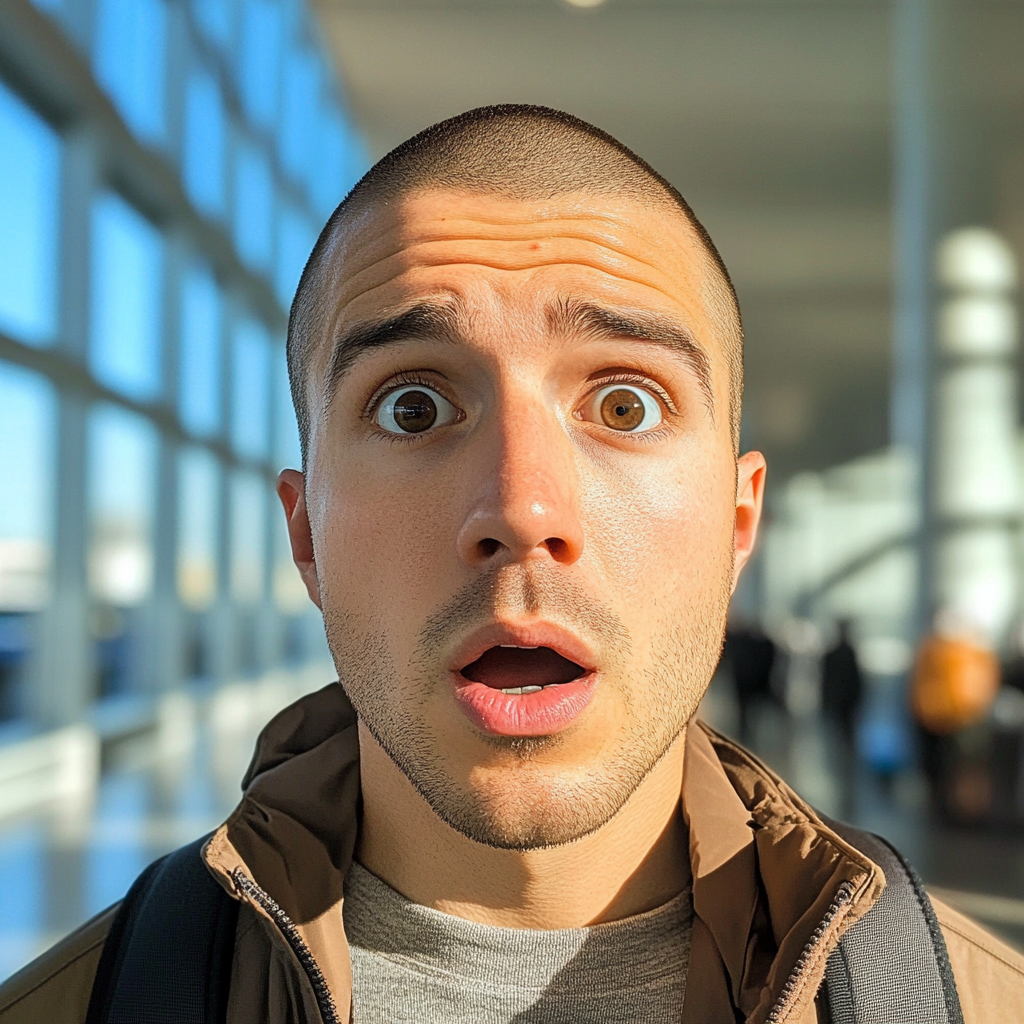 Ein schockierter Mann auf einem Flughafen | Quelle: Midjourney