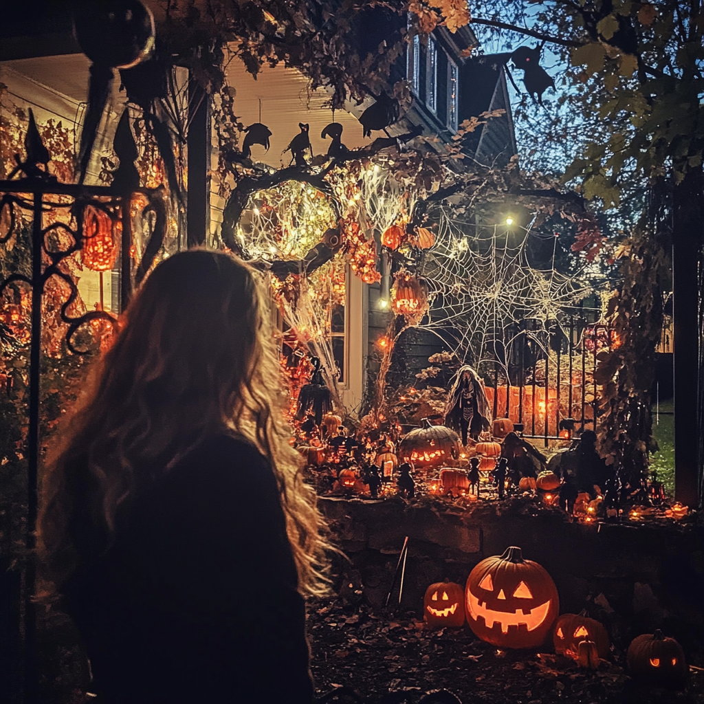 Frau starrt auf Halloween-Dekoration | Quelle: Midjourney