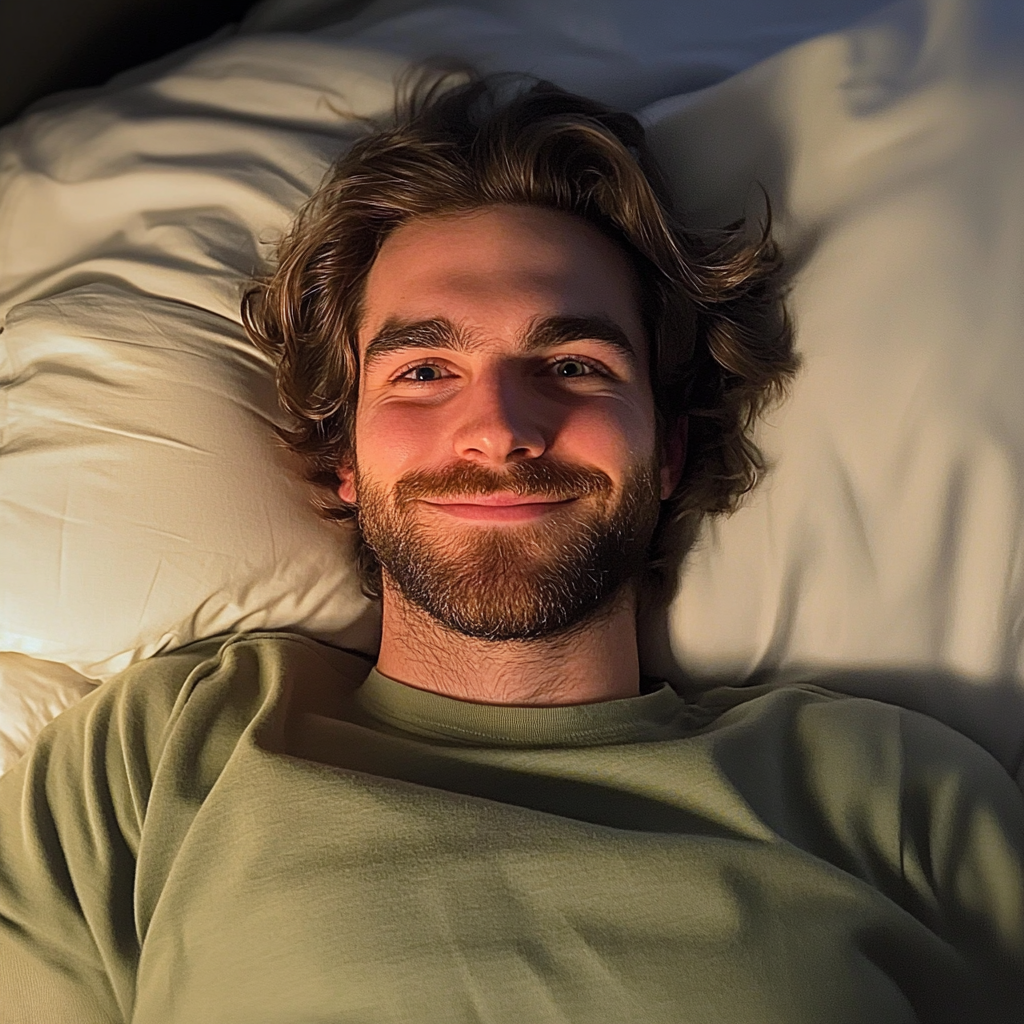 Ein lächelnder Mann liegt im Bett | Quelle: Midjourney