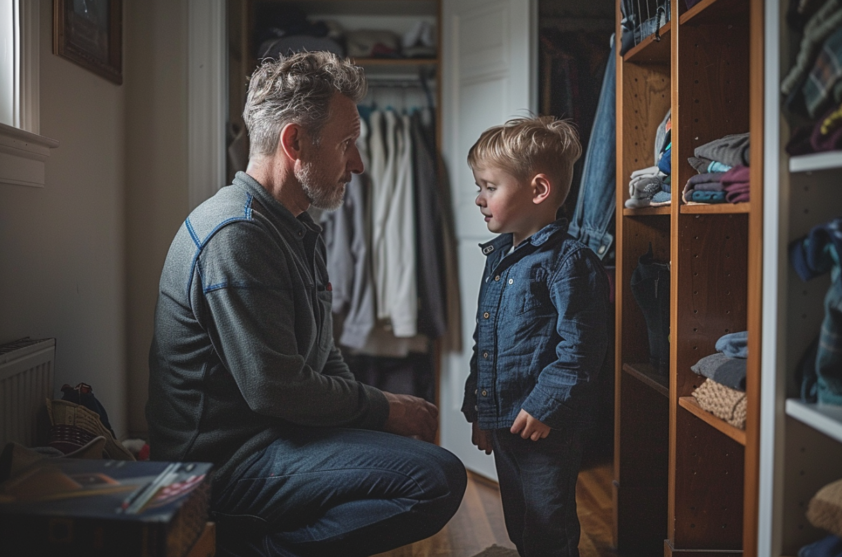 Ein kleiner Junge spricht mit seinem Vater vor einem Schrank im Flur | Quelle: Midjourney