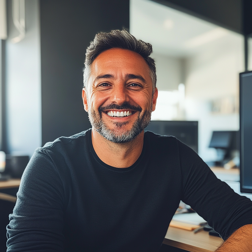 A smiling man sits in his office | Source: Midjourney