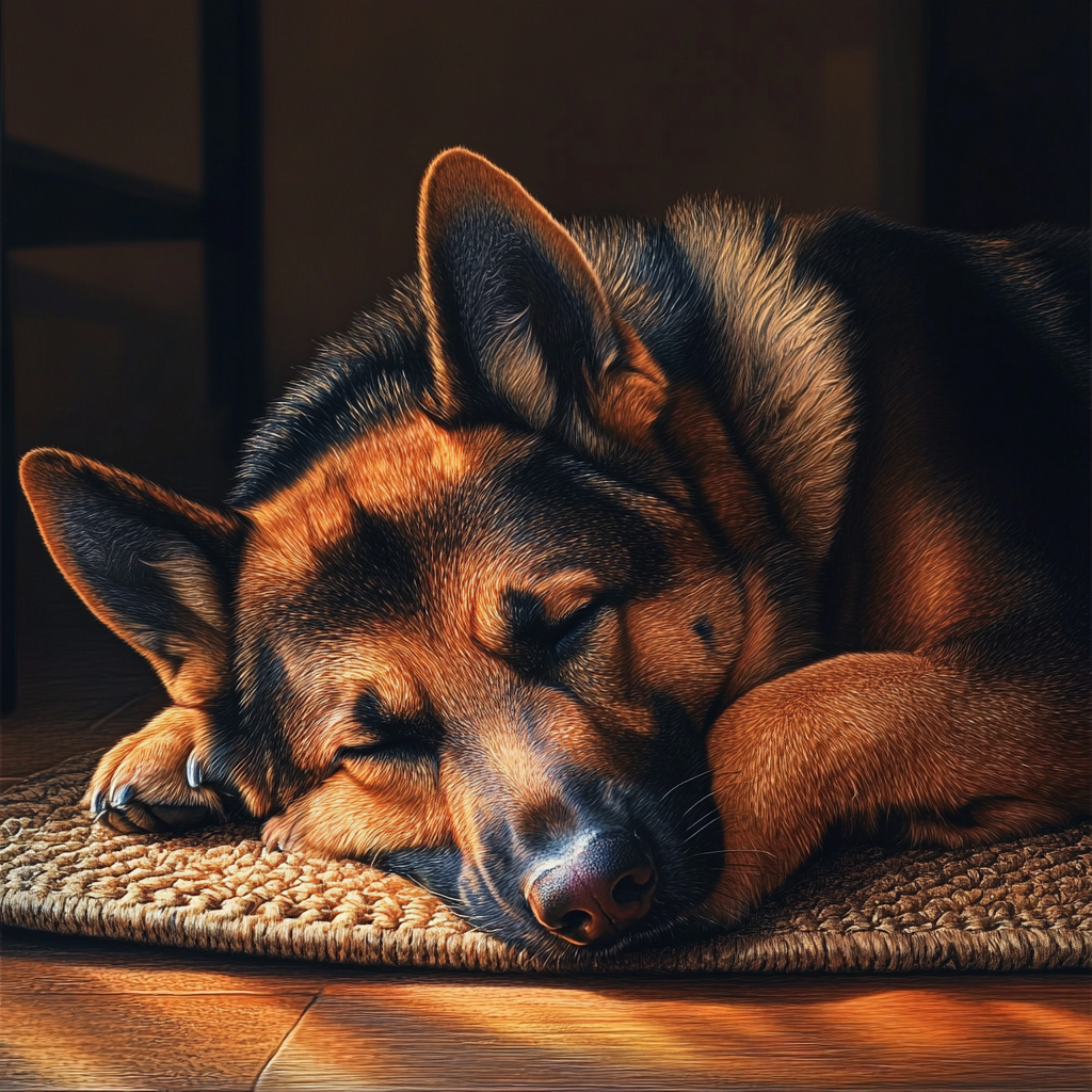 Ein Deutscher Schäferhund schläft auf einer Matte | Quelle: Midjourney