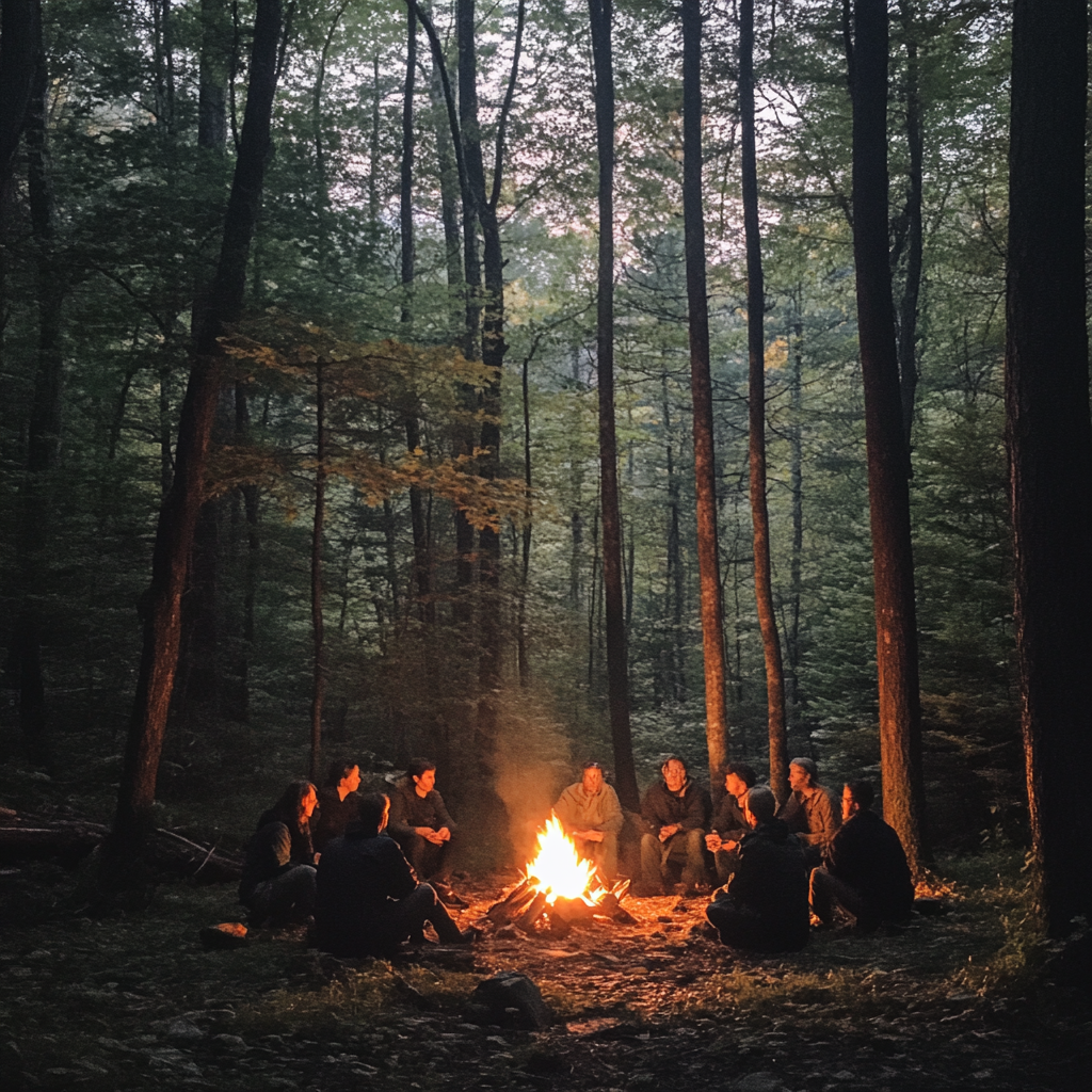 Menschen sitzen um ein Lagerfeuer | Quelle: Midjourney