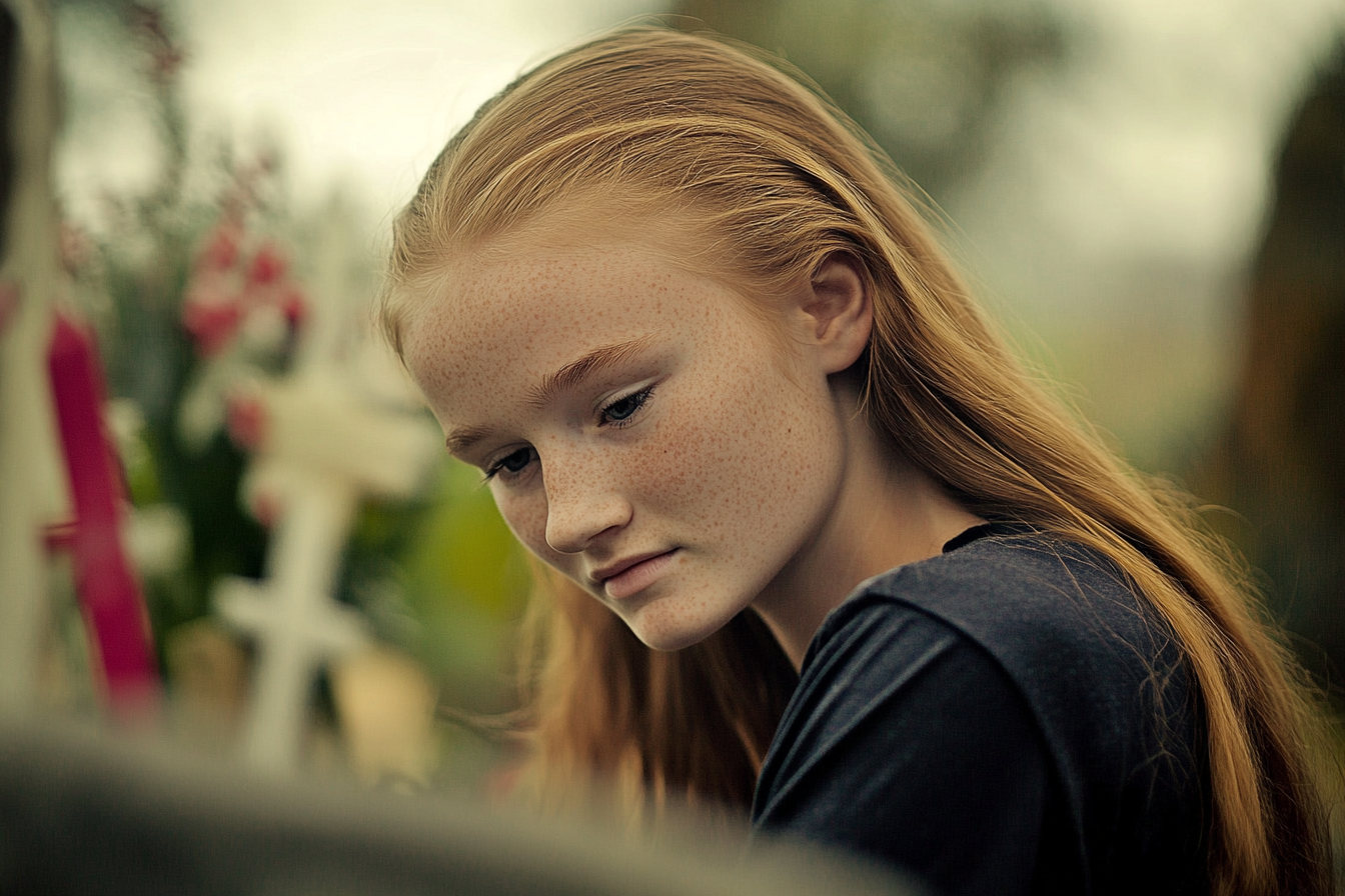 Ein Teenager-Mädchen, das auf einem Friedhof nach unten starrt | Quelle: Midjourney